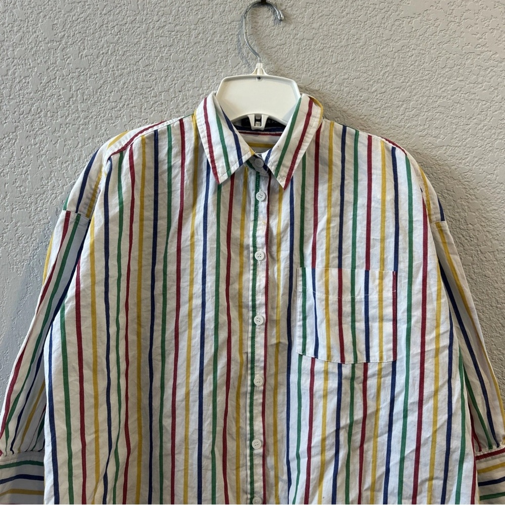 POMANDER PLACE Women's Sz. L Rainbow Striped Adair Boyfriend Shirt - Picture 2 of 10